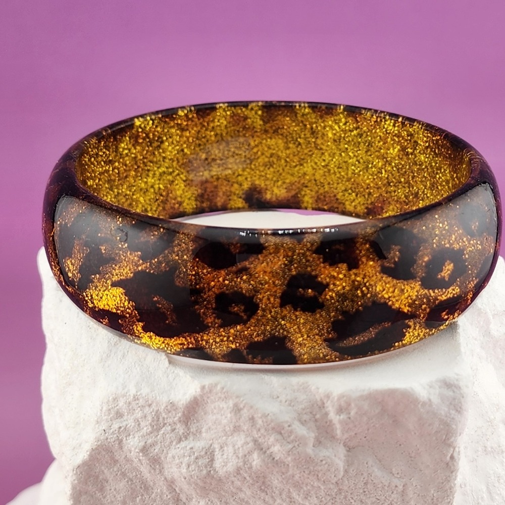 Brown Gold Tone Leopard Print Resin Bangle Bracelet Wide Chunky Bold Statement